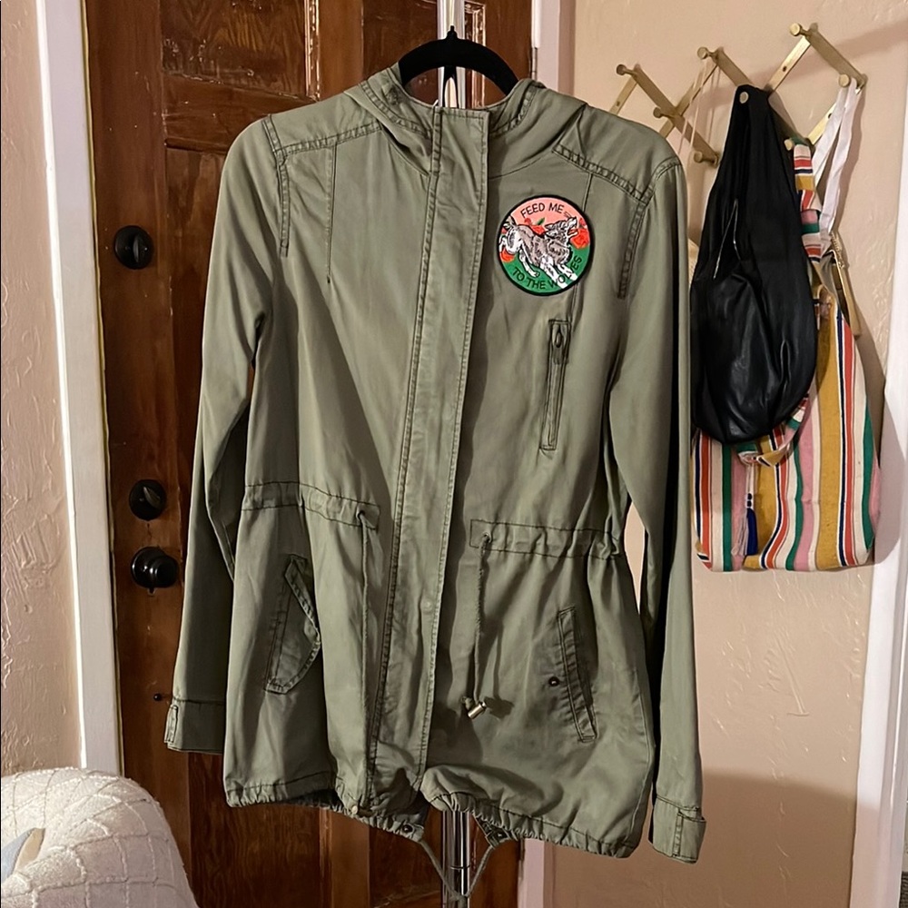 Olive Green Hooded Jacket with Embroidered Patch